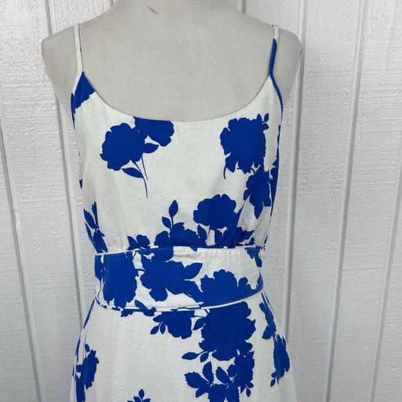 Cynthia Rowley Blue White Floral Linen Tiered Midi Dress Boho Cottagecore Size S - Picture 4 of 8